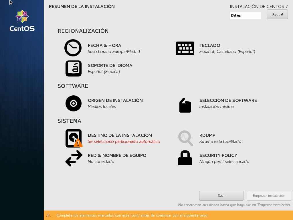 CentOS 7 instalación menu